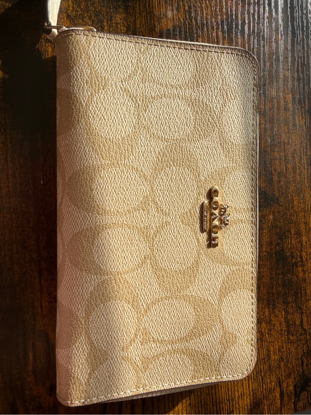 Coach Beige Signature Zip Wallet with Gold Logo
